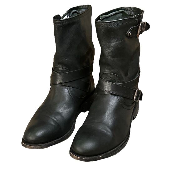Frye Jayden Cross Engineer Moto Boots Womens Size 7.5 Black Leather Buckle Strap - Picture 5 of 16